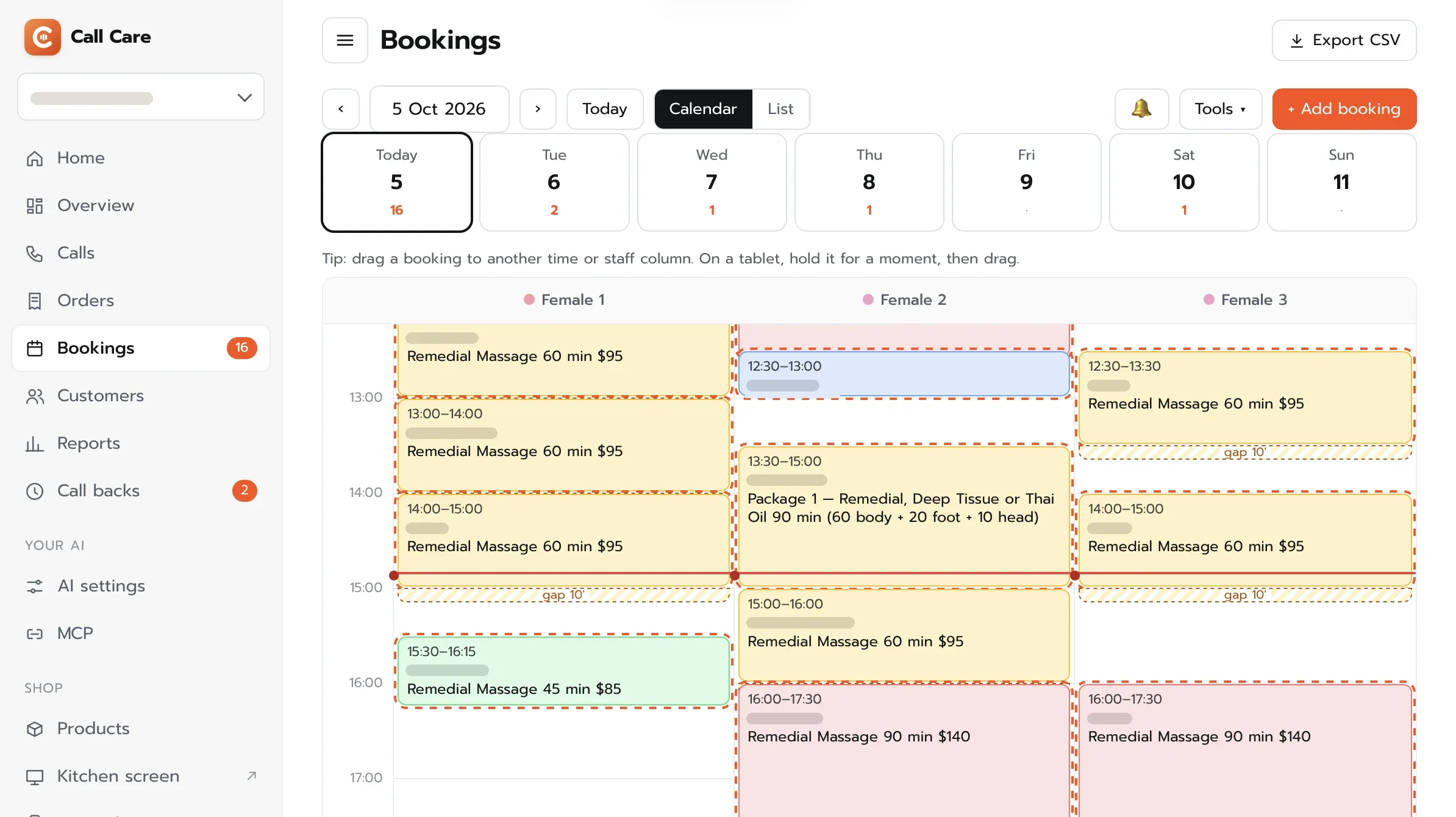 Booking calendar in the back office of a live massage shop, by therapist